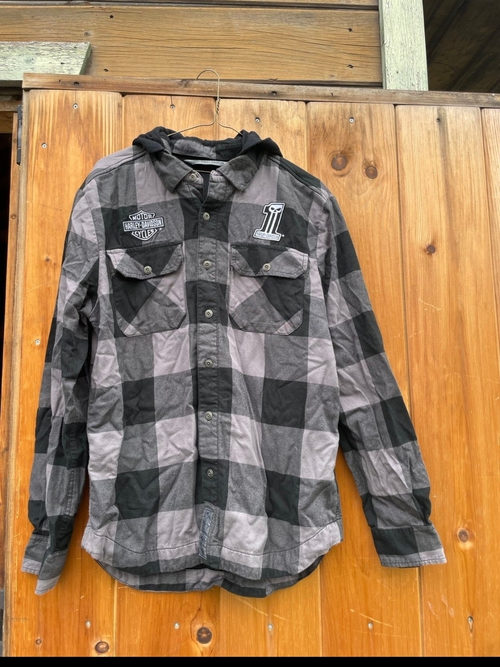 Harley-Davidson Black & Gray Plaid Lightweight Hooded Button-up